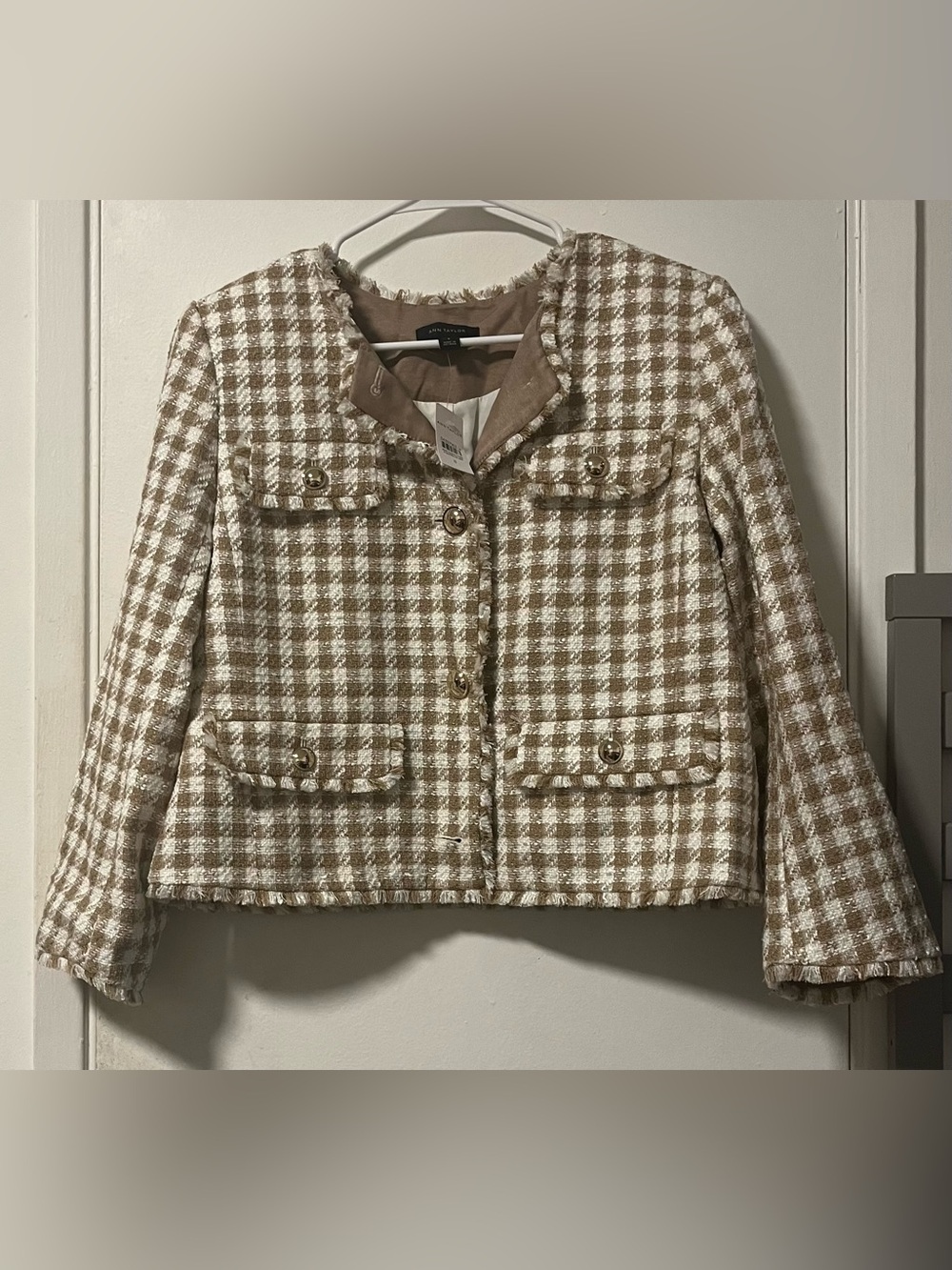 Ann Taylor Cream & Tan Tweed Fringed Boxy Jacket